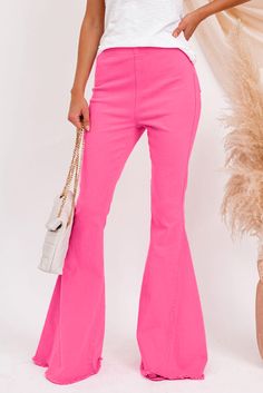 Pink Bell Bottom Denim Pants Neon Yellow Outfit, Pink Flare Pants, Denim Flare Pants, Bell Jeans, Rodeo Outfits, Pink Denim, Yellow Outfit, Jeans Material, Flared Pants