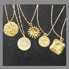 Handmade Gold Celestial Charm Necklaces, Handmade Gold Celestial Charm Necklace, Gold Celestial Handmade Charm Necklace, Gold Jewelry With Sun And Moon Design For Gift, Spiritual Gold Charm Necklaces For Birthday Gift, Spiritual Gold Charm Necklace For Birthday Gift, Handmade Gold Charm Necklaces For Best Friend, Handmade Gold Charm Necklace For Best Friend, Celestial Necklaces With Coin Pendant As Gift