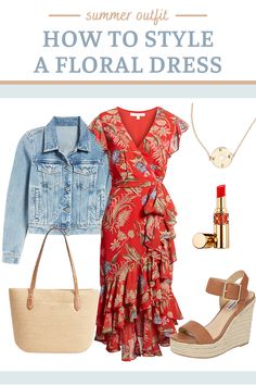 فستان زهري, Outfit Denim, Denim Jacket With Dress, Skirt Maxi, Spring Floral Dress, Straw Tote, Summer Dress Outfits, Dress Spring, Espadrille Sandals