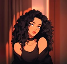 an animated image of a woman with curly hair and blue eyes, wearing a black tank top