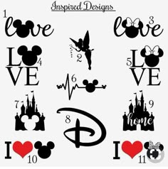 mickey mouse and other disney characters with the words i love you in black on a white background