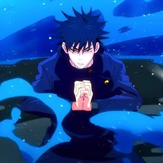 an anime character sitting in the water looking at his cell phone while holding it up