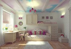 the room is decorated in pastel colors