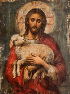 an old painting of jesus holding a lamb