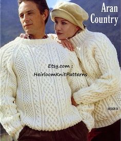 an image of a man and woman in sweaters on the cover of knitting magazine aran country