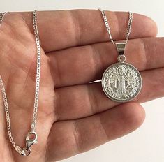 "925 STERLING SILVER SAINT BENEDICT NECKLACE 18\" LONG... FOR GOOD LUCK ,PROSPERITY AND PROTECTION. MADE IN ITALY-BEST QUALITY PENDANT : 28 X 20 mm CADENA DE SAN BENITO EN 925 PLATA ESTERLINA 18\" LARGO .. PARA PROSPERIDAD, BUENA SUERTE Y PROTECCION. HECHO EN ITALIA-MEJOR CALIDAD DIJE: 28 X 20 mm" Figaro Necklace, Good Luck Bracelet, Saint Benedict, For Good Luck, Pompano Beach, Evil Eye Pendant, Evil Eye Necklace, Eye Necklace, Good Luck