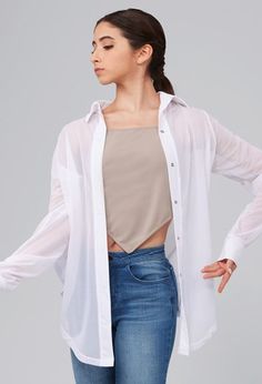 Mesh Sheer Button Down Layering Shirt | Weissman® Button Down Layering, Layered Shirts, Sheer Shirt, Polyester Spandex, Button Downs, Layering, Button Down Shirt