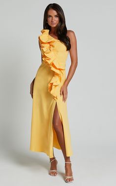 Rita Midi Dress - One Shoulder Ruffle Detail Dress in Yellow Yellow Dress Long, Standing Out From The Crowd, Bridesmaid Ideas, Dress First, Poplin Fabric, Yellow Dress, Dress Details, Yellow Color, Dress Long