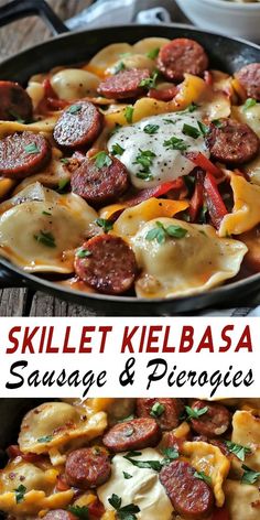 skillet kielbasa sausage and peppers in a cast iron skillet with text overlay that reads skillet kielbasa sausage and peppers