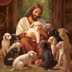 a painting of jesus holding a dog surrounded by puppies