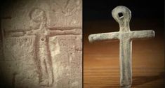 an old and new cross are shown in two different pictures, one is made out of stone