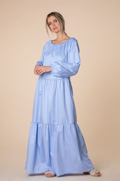 Sky Blue Dress, Blue Maxi Dress, Sky Blue Maternity Dress, Loose Maxi Dress, Boho Dress, Ruffle Dress, Long Sleeve Dress, Plus Size Dress 🍒 This beautiful Sky Blue maxi dress is cut in lovely soft summer poplin fabric which makes its look unique, elegant and stylish. The maxi frame gives the dress the comfy fit we all need. Cut for an oversized fit, it drapes from the shoulders and moves elegantly as you walk. This long sleeve dress is a nice choice for plus size clothing and maternity dress! E Blue Long Sleeve Maxi Dress With Ruffles, Blue Long-sleeve Dress With Ruffle Hem, Blue Ruffle Hem Maxi Dress, Light Blue Long Sleeve Maxi Dress With Ruffles, Blue Maxi Dress With Ruffle Hem, Blue Ruffle Hem Dress For Daywear, Blue Daywear Dress With Ruffle Hem, Blue Ruffle Hem Dress For Brunch, Blue Midi Dress With Ruffle Hem