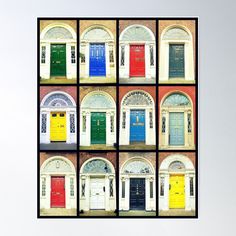 multiple doors with different colors on them in front of a brick wall and doorways