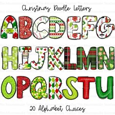 christmas doodle letters and numbers in green, red, and white with the letter q