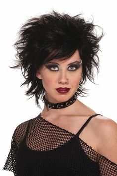 80's Punk Rock Vixen Black Costume Adult Wig Punk Costume Accessories For Costume Party, Edgy Black Costume Accessories For Alternative Fashion, Edgy Black Accessories For Alternative Fashion, Alternative Black Costume Accessories For Festivals, Edgy Halloween Cosplay Costume Accessories, Edgy Costume Accessories For Halloween Cosplay, Edgy Black Costume Accessories For Costume Party, Edgy Halloween Costume Accessories, 80s Rocker Chick