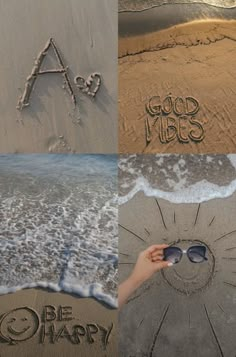 there are four pictures with words written in the sand