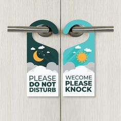 two door hangers with the words welcome and do not disturb in front of them