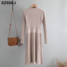 FREE SHIPPING Women Turtleneck Slim Long Sweater Dress L0253 Fitted Beige Long Sleeve Dress For Winter, Fitted Long Sleeve Beige Dress For Winter, Beige Knee-length Long Sleeve Dress, Fitted Beige Knee-length Long Sleeve Dress, Casual Fitted Dress With Stand Collar, Beige Fitted Knee-length Long Sleeve Dress, Beige Knee-length Dress For Winter, Beige Knee-length Winter Dress, Casual Long Sleeve Fitted Dress