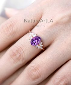 Oval Amethyst Wedding Ring Marquise Diamond Wing Design Engagement Ring February Birthstone Ring Amethyst Bridal Promise Ring Gift for Her - Etsy Purple Ruby Ring With Center Stone For Wedding, Purple Cluster Ring For Weddings, Fine Jewelry Style, Amethyst Ring With Gemstone Accents For Anniversary, Purple Jewelry With Center Stone, Round Shape, Purple Jewelry With Round Center Stone, Purple Round Jewelry With Center Stone, Purple Ruby Ring With Accent Stones For Wedding, Purple Cluster Ring With Center Stone For Wedding, Purple Ruby Wedding Ring With Accent Stones