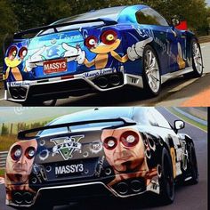 two pictures of the back and side of a car with cartoon characters painted on it