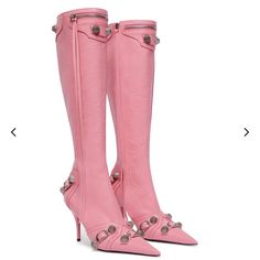 Balenciaga Cagole Knee High Boot Size 8.5 Us Sweet Pink Silver Pink Leather Fitted Knee-high Boots, Pink Knee-high Wide Calf Boots, Fitted Pink Knee-high High Heel Boots, Pink Knee-high Platform Boots, Luxury Pink Knee-high Boots, Pink Balenciaga, Pink Boots, Knee High Boots, Knee High