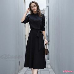 Qteee - Elegant Long-Sleeved Belted Dress Casual Half Sleeve Office Dresses, Casual Black Half-sleeve Dress, Casual Black Half Sleeve Dress, Black Half Sleeve Midi Dress For Work, Black Half Sleeve Dresses For Fall, Black Half-sleeve Dress For Fall, Black Half Sleeve Dress For Fall, Black Casual Midi Dress For Fall, Casual Black Midi Dress For Fall