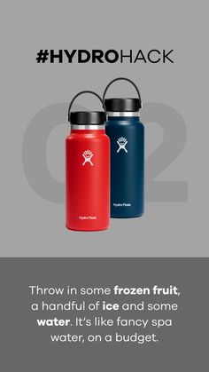 two hydro flasks sitting next to each other on top of a gray background