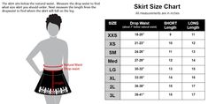 a women's skirt size chart with measurements for the waist and back, as well as