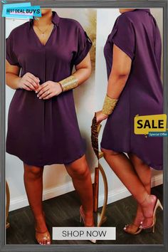 V-neck Short Sleeve Solid Casual Dress Chic V-neck Solid Color Midi Dress, Spring V-neck Mini Dress For Formal Occasions, Elegant Purple V-neck Mini Dress, Solid Color V-neck Midi Dress For Work, Elegant V-neck Dress For Day Out, V-neck Shift Dress In Solid Color, Solid V-neck Shift Dress, Elegant V-neck Solid Color Dress, Elegant Mini V-neck Dress