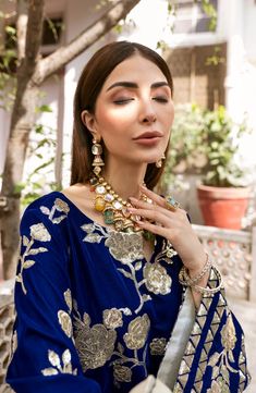 Embroidered Salwar Kameez in Royal Blue Shade Golden Embroidery Design, Tissue Dupatta, Blue Velvet Top, Embroidered Salwar, Fuchsia Wedding, Golden Embroidery, Pakistani Formal Dresses, Velvet Sleeve, Pakistani Party Wear