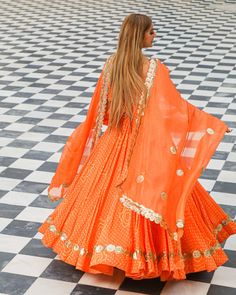 Beautiful Orange Anarkali Lehenga Set - www.riafashions.com Long Lehenga, Orange Anarkali, Sitara Work, Red Anarkali, Orange Lehenga, Silk Kurti Designs, Navratri Dress, Anarkali Lehenga, Lehenga Suit