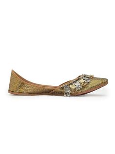 Gold juttis in Brocade with Beads and coins. Color: Gold Fabric: Upper: Brocade Insole - Leatherette Sole - Vegetable tanned Leather Sole Note: The product will be shipped within 20-25 days of the order placed Any slight irregularities are distinctive and are inherent to the beauty of this creation as it is precisely crafted by hands. Care intructions - Keep in dust bag, dry clean only, embellished accessory needs to be handled with care. You can also use leather shiner for extra shiny shoes. We Traditional Embellished Party Flats, Embellished Flats For Party And Festivals, Festive Flats For Navratri, Bollywood Style Festive Flats, Festive Bollywood Flats, Embellished Flats For Festivals, Festive Embellished Closed-toe Flats, Festive Embellished Closed Toe Flats, Gold Flats With Gota Work For Parties