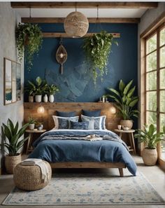 a bedroom with blue walls and plants on the wall