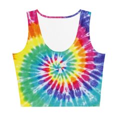 Show off your hippie vibes with this trendy rainbow tie dye crop top. The perfect top for fun music festivals, summer vacations and day trips. GENERAL DESCRIPTION:Soft and stretchy cropped tank top with a comfortable body hugging fit. If you require a tighter fit we recommend sizing down but please check the measurements in the size guide before making your purchase.STYLE GUIDE• Sleeveless crop top• Form fitting but not tight• Soft and stretchy material• Inside whiteMATERIAL• 82% polyester/18% s Multicolor Crop Top For Vacation, Multicolor Fitted Cropped Tank Top, Multicolor Cropped Top For Vacation, Trendy Multicolor Crop Top For Festival, Casual Multicolor Tank Top For Yoga, Hippie Sleeveless Crop Top For Music Festival, Sleeveless Rave Crop Top For Festival, Summer Festival Tie-dye Crop Top, Hippie Multicolor Tank Top For Festival