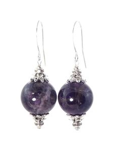 Amethyst Ball Drop Short Silver Statement Earrings – KMagnifiqueDesigns Elegant Amethyst Earrings For Party, Silver Amethyst Drop Crystal Earrings, Silver Amethyst Drop Earrings, Elegant Amethyst Dangle Crystal Earrings, Elegant Sterling Silver Crystal Earrings With Round Beads, Elegant Purple Round Bead Crystal Earrings, Elegant Purple Crystal Bead Earrings, Elegant Sterling Silver Crystal Earrings With Natural Stones, Elegant Purple Crystal Pierced Earrings