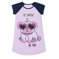 New! Short Sleeve Sleep Gown Uni-Pug (Unicorn Pug) With Glitter Horn And "Be Unique Be You" Print On The Front Light Purple Gown With Navy Blue Colorblock Sleeves Soft Jersey Material Made Of 100% Polyester Tagless For Extra Comfort Flame Resistant Size 10/12 Pink Unicorn Print Sleepwear For Bedtime, Cute Unicorn Print Sleepwear For Loungewear, Playful Unicorn Print Sleepwear, Pink Unicorn Print Sleepwear, Purple Short Sleeve Nightgown For Sleepover, Playful Unicorn Print Sleepwear For Sleepover, Purple Short Sleeve Nightgown For Bedtime, Playful Purple Sleepwear For Pajama Party, Cute Purple Sleepwear For Pajama Party