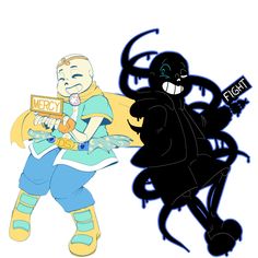 an image of two cartoon characters one is holding a sign and the other has a demon