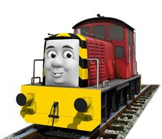 thomas the tank engine from thomas and friends on train tracks with red caboose