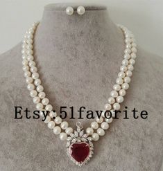 Pearl set- 6-7mm white pearl wedding necklace, pearl red zirconia wedding necklace ,bride necklace e Pearl Necklace With Pendant, Red Pearl Necklace, Wedding Necklace Pearl, Pearl Wedding Necklace, Double Strand Pearl Necklace, Coin Pearl Necklace, Bride Necklace, Pearl Jewelry Design, Pearl Necklace Vintage