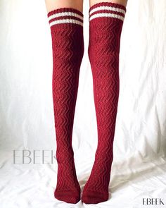 Ebeek - Premium Quality, Fashionable Pair of Braided Striped Winter Over-The-Knee Socks Red Knee-high Winter Legwear, Red Knee-high Stockings For Winter, Red Fitted Knee-high Leg Warmers, Red Knee-high Legwear For Winter, Casual Red Winter Stockings, Fitted Red Knee-high Socks For Fall, Fitted Knitted Stockings For Fall, Fitted Red Winter Socks, Over The Knee Socks