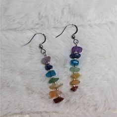 Chakra Crystal Beaded Charm Stainless Steel Earrings. Comes On Stainless Steel Fish Hook Earrings. Chip Bead Size And Color Will Vary As These Are Made To Order. Made With Amethyst, Dyed Quartzite, Aventurine, Quartz And Coral Chip Stones. Seed Bead And Wire Jewelry, Quartz Earrings Diy, Rock Bead Earrings, Crystal Bead Earrings Diy, Bead Work Earrings, Handmade Earrings With Beads, Mushroom Bead Earrings, Adjustable Multicolor Earrings With Silver Beads, Crystal Chip Earrings