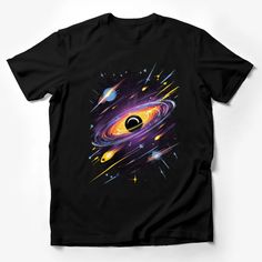 a black t - shirt with an image of the solar system and stars in it