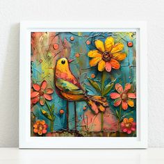 a painting of a bird sitting on a branch with flowers