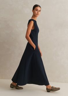 Travel Tailoring Boat Neck Midi Dress Navy Elegant Fit And Flare A-line Evening Dress, Workwear A-line Maxi Dress With Fitted Bodice, Elegant Full Skirt Midi Dress For Work, Elegant Midi Dress With Full Skirt For Work, Seamed A-line Dress For Work, A-line Seamed Dress For Work, Elegant Seamed Dresses For Workwear, Classic Fit And Flare A-line Dress, Elegant Seamed Workwear Dresses