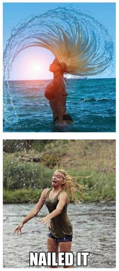 two pictures with the same woman in different poses, one has her hair blown up