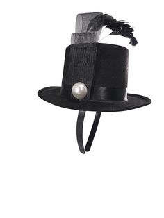 "Mini Black Top Hat on Headband. This mini top hat has an attached ribbon with a pearl decor. Attached on a lightweight headband. Perfect for Halloween, Steampunk costumes, Halloween and more! One Size Fits Most Adults and some children. Top hat itself stand approximately 3.5\" tall and approximately 7.5\" wide." Carnival Adjustable Top Hat With High Crown, Adjustable Brimmed Costume Accessories For Party, Adjustable High Crown Top Hat For Carnival, Punk Top Hat For Halloween Party, Punk Style Top Hat For Halloween Party, Adjustable Short Brim Top Hat For Carnival, Punk Style Halloween Party Top Hat, Gothic Top Hat With High Crown For Parties, Elegant Adjustable Hat For Halloween