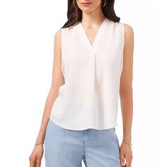 A Timeless V-Neck Brings Classic Style To This Sleeveless Top From Vince Camuto. Back Yoke Imported Lyocell V-Neck Size & Fit Approx. 25-1/2" Long Materials & Care Machine Washable Versatile V-neck Tank Top For Workwear, V-neck Tank Top For Work, Versatile White V-neck Tank Top, Casual Sleeveless V-neck Top For Work, Versatile V-neck Tank Top, Elegant Sleeveless V-neck Top For Spring, Spring White Sleeveless V-neck Top, White Sleeveless V-neck Top For Spring, Sleeveless V Neck Blouse