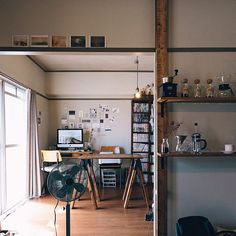 a room with some shelves and a fan in it