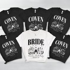 six black and white t - shirts with the words, coven'n bride on them