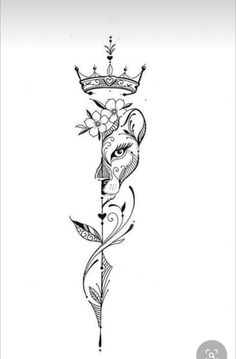 a black and white drawing of a crown on top of a pole with flowers in it